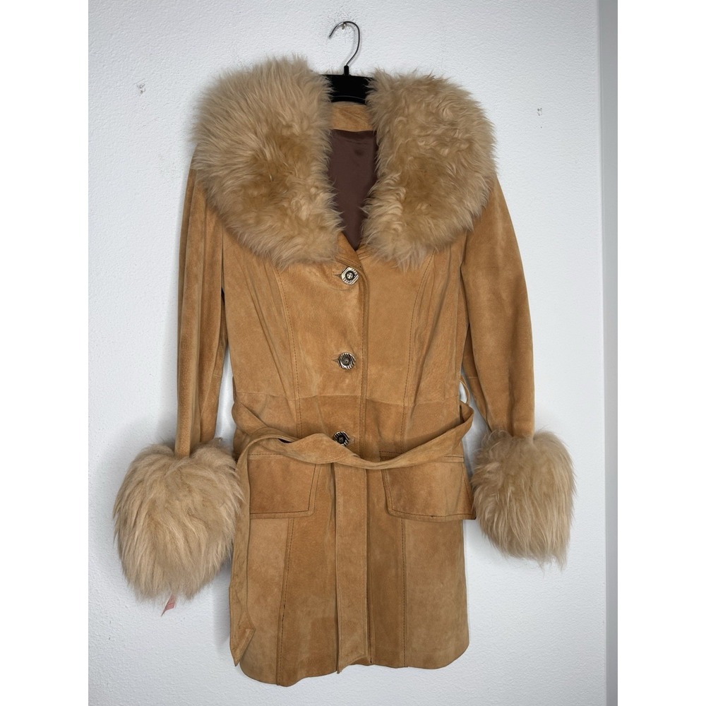 Vintage Penny Lane Genuine Suede Lamb Fur Trim Coat Belted Boho Sz 8 Slim Y2K